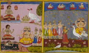 Brahma gewährt Kumbhakarna endlosen Schlaf und Bibhishana die Gabe der Rechtschaffenheit