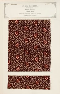 Grobe Baumwollprobe mit Chetee (Chintz) Muster aus Arcot in Madras, aus The Collection of the Textile Manufacturers of India, von John Forbes Watson, veröffentlicht 1866