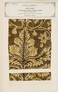 Bedruckte Baumwoll-Palampore- oder Bettdeckenprobe aus Masulipatam in Madras, aus The Collection of the Textile Manufacturers of India, von John Forbes Watson, veröffentlicht 1866 von Indian School