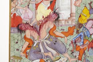 (Detail) Krishna spaltet den Dämon Narakasura mit seinem Diskus, ca. 1585-90