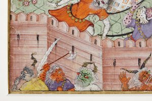 (Detail) Krishna spaltet den Dämon Narakasura mit seinem Diskus, ca. 1585-90