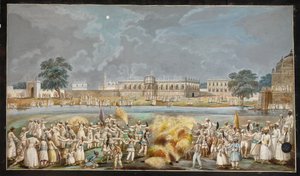 Feuerwerk bei hellem Mondschein vor dem Agna Mahal, Teil des Palastes des Nawab am Fluss in Murshidabad
