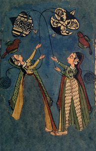 Mädchen lassen Drachen steigen, Kulu-Volksmalerei, Himachal Pradesh von Indian School