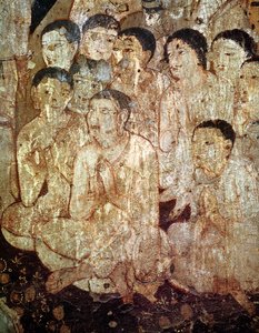 Gruppe von Jüngern, die den Tod Buddhas betrauern, aus dem Inneren der Höhle 17 von Indian School