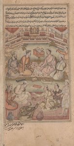 Hindu- und muslimische Gelehrte übersetzen das Mahabharata aus dem Sanskrit ins Persische, Illustration aus dem Razmnama, 1598-99