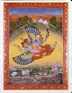 Hinduismus: Darstellung des Vogels Garuda, der Vishnu und seine Frau Lakhmi trägt von Indian School