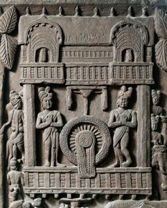 Indische Kunst, Hinduismus: Flachrelief, das den letzten Besuch von König Prasenjit II. bei Gautama Buddha darstellt. 2. Jahrhundert v. Chr. Kolkata, Indian Museum