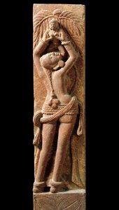 Indische Kunst: Reliefstrümpfe, die eine Mutter und ihr Kind darstellen. Periode Kouchane (Kouchan oder Kushan) 1. Jahrhundert - Neu-Delhi, Nationalmuseum von Indian School