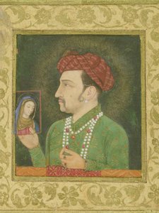 Jahangir hält ein Bild der Madonna, persische Inschrift: Janhangir Shah, Mughal von Indian School