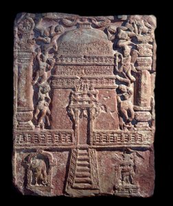 Jain-Tafel der Huldigung, aufgestellt von Vasu, der Tochter der Kurtisane Lavana Sobhika (roter Sandsteinrelief, Kushan-Reich)