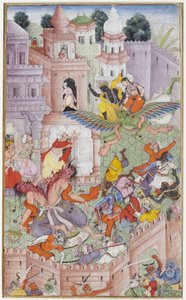 Krishna spaltet den Dämon Narakasura mit seinem Diskus, ca. 1585-90 von Indian School