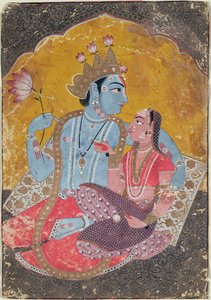 Krishna und Radha (ca. 1690-1700) (deckende Wasserfarben mit geprägtem Gold auf Papier) von Indian School