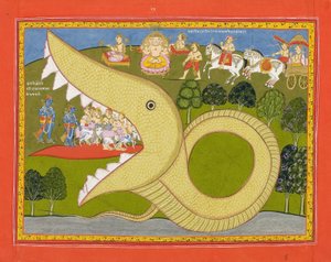 Krishna und die Kuhhirten betreten den Mund von Agasura