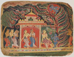 Krishna wird vom Wirbelwind-Dämon entführt, aus einem Bhagavata Purana, ca. 1520-30