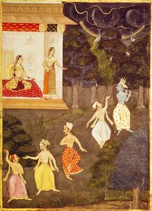 Krishna spielt die Flöte, gefolgt von vier Tänzern, Rajasthan von Indian School