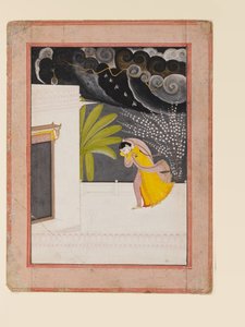 Dame auf einer Terrasse, die Schutz vor dem Regen sucht, frühes 19. Jahrhundert von Indian School