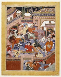 Geführt von Songhur Balkhi und Lulu dem Spion, schneiden die Ayyars den Gefängniswärtern die Kehlen durch und befreien Said Farrukh-Nizhad, 1557 - 1572