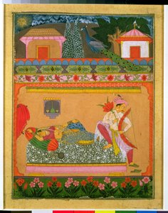 Liebende bei Tagesanbruch, Illustration des musikalischen Modus Raga Vibhasa, Norddekan oder Süd-Rajasthan, ca. 1675