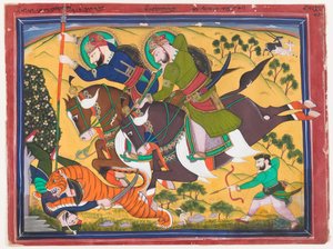 Maharaja Ram Singh jagt einen Tiger, zweites Viertel des 19. Jahrhunderts