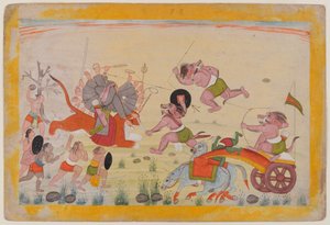 Mahasura greift die Devi an, Folio aus einer verstreuten Devi Mahatmya Serie, ca. 1770-80