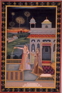 Miniaturmalerei einer Dame, die das Diwali-Fest feiert, Indien von Indian School