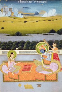 Fürstliches Paar spielt Dame, Rajasthan-Schule, ca. 1750