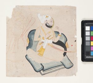 Profil eines knienden Prinzen mit zwei Begleitern