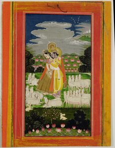 Radha und Krishna umarmen sich in einer idealisierten Landschaft mit Kühen, ca. 1780 von Indian School