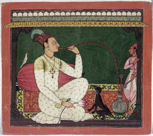 Raja Medini Pal, auf der Rückseite in Takari-Schrift beschriftet, Basohli, Himachal Pradesh, Pahari-Schule, 1735