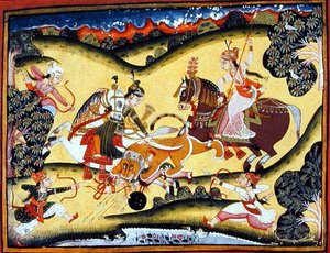 Rajput-Prinzessinnen töten einen Löwen, Bundi-Schule, ca. 1810-20
