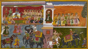 Rama schickt Höflinge, um Gerüchte über Sita zu untersuchen, die auf Pferden und Elefanten abreisen