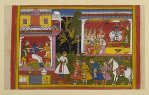 Rama erwacht zu Lobeshymnen, badet und sitzt in seinem Thronsaal, wo ihm alle huldigen