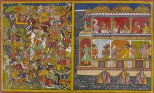 Sukeshas Söhne marschieren von Lanka, um gegen Vishnu und die Götter zu kämpfen