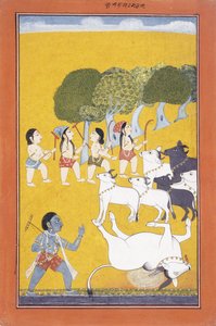 Der junge Krishna tötet den Dämon Vatsasura, der in der Gestalt eines Kalbs kam, ca. 1730-1740 von Indian School