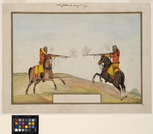 Zwei berittene Soldaten tauschen Gewehrfeuer aus, ca. 1830