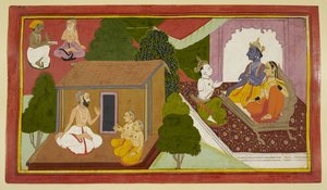 Valmiki lehrt Kusha und Lava, während Rama und Sita von einem Boten beraten werden