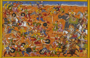 Vishnu führt die Götter, besiegt Malyavan, die Dämonen ziehen sich beschämt zurück