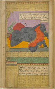 Kumbhakarna, von den Göttern dazu gebracht, Brahma um die Gabe des ununterbrochenen Schlafes zu bitten, schläft in der prächtigen Behausung, die auf Ravanas Befehl für ihn vorbereitet wurde