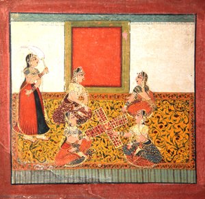 Frauen spielen Parcheesi, sitzen auf einem gelb gemusterten Bodenbelag, ca. 1725