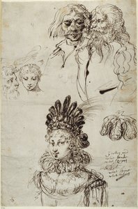 Der Tempel der Liebe, Indamoras Kopfschmuck und Skizzen von Köpfen von Inigo Jones