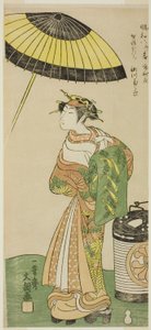 Der Schauspieler Segawa Kikunojo II als Kurtisane Hitachi im zweiten Teil des Stücks Wada Sakamori Osame no Mitsugumi (Wadas Gelage: Der letzte Drink mit einem Set aus drei Tassen), aufgeführt im Ichimura-Theater ab dem neunten Tag des zweiten Monats, 1771
