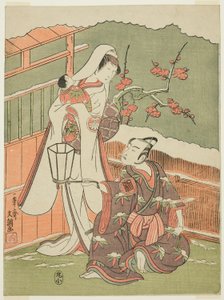 Schauspieler Arashi Sangorô II als Minamoto no Yoritomo und Segawa Kikunojô II als die Schneefrau in „Baumwollwatte von Izu, die die ehelichen Chrysanthemen schützt“ („Myôto-giku Izu no Kisewata“) von Ippitsusai Bunchō