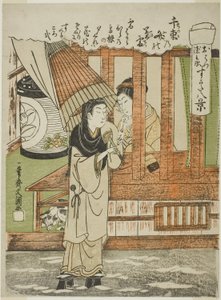 Chizuka no Fumi no Bosetsu (Der abendliche Schnee von tausend Liebesbriefen), die Liebenden Ohatsu und Tokubei, aus der Serie "Sugata Hakkei", ca. 1772 von Ippitsusai Bunchō