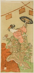 Der Schauspieler Iwai Hanshiro IV als Otatsu-gitsune im Stück Nue no Mori Ichiyo no Mato, aufgeführt im Nakamura Theater im elften Monat, 1770 von Ippitsusai Bunchō