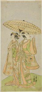Die Schauspieler Ichikawa Komazo II als Chunagon Yukihira (rechts) und Iwai Hanshiro IV als Murasame (links) im Stück Kuni no Hana Ono no Itsumoji, aufgeführt im Nakamura-Theater im elften Monat, 1771