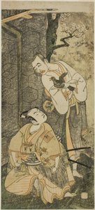 Die Schauspieler Nakamura Utaemon I als Seigen (rechts) und Ichikawa Komazo II als Shimizu Tonoinosuke Kiyoharu (links) im Stück Soga Moyo Aigo no Wakamatsu, aufgeführt im Nakamura-Theater im dritten Monat, 1769 von Ippitsusai Bunchō