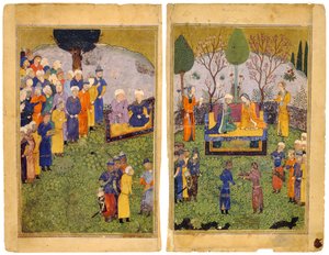 Ein fürstliches Paar mit Höflingen in einem Garten. Aus dem Shahnama Buch der Könige