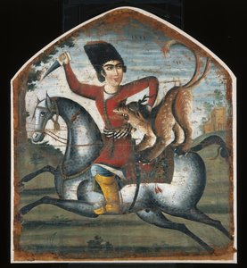 Jäger zu Pferd von einem mythischen Tier angegriffen, Mitte des 18. Jahrhunderts von Iranian School