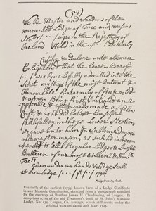 Frühestes bekanntes Zertifikat (irisch) mit einem Siegel der Großloge, 1762 von Irish School