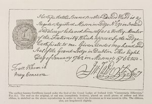 Faksimile des frühesten bekannten Zertifikats, ausgestellt unter dem Siegel der Großloge von Irland, datiert 1762